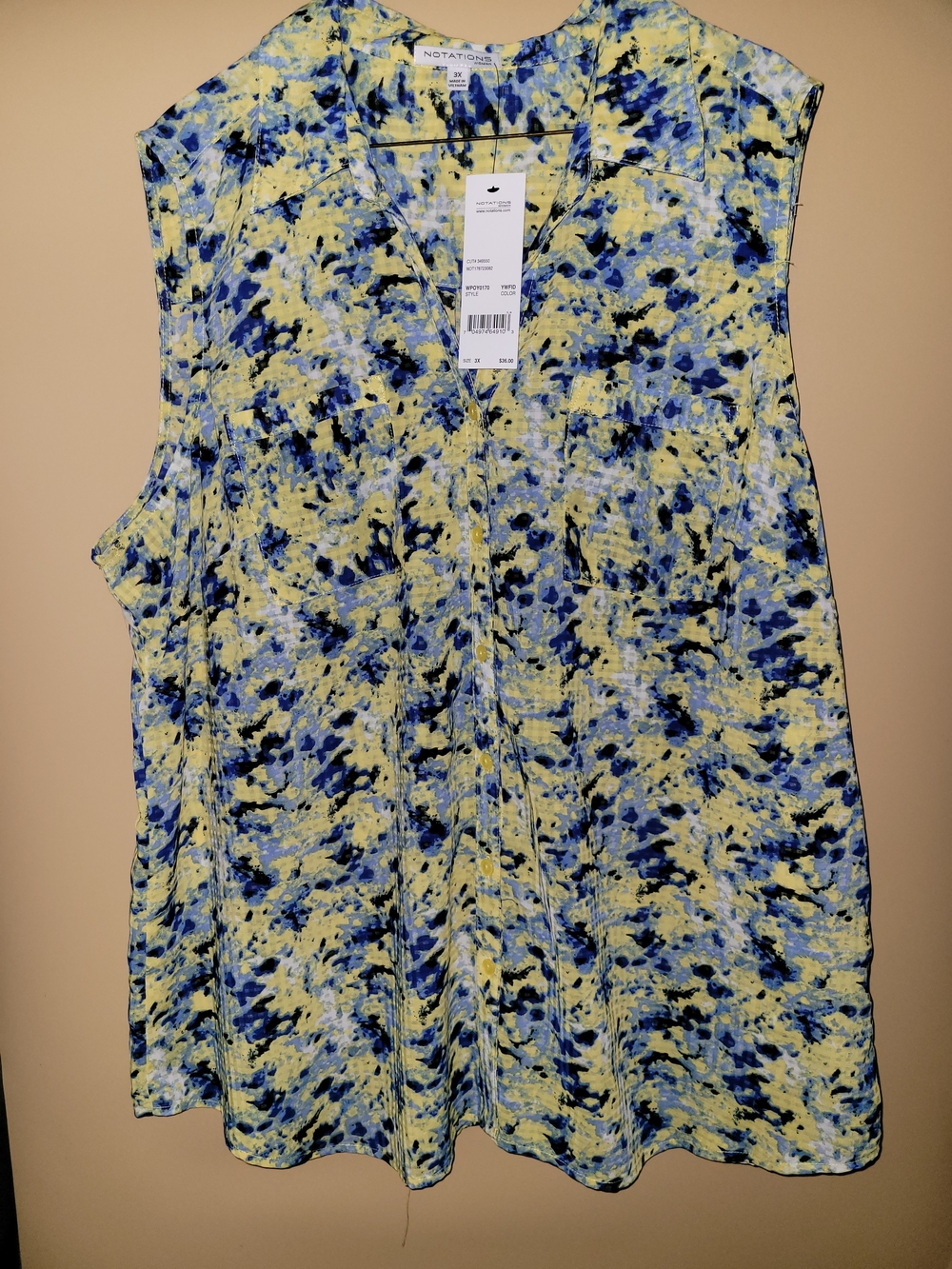 Notations Women's Blue & Yellow Printed V-Neck Sleeveless Top